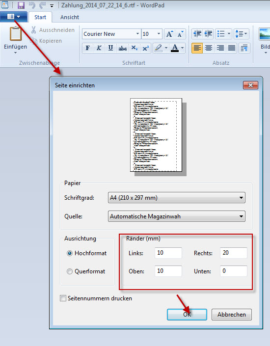Seitenränder WordPad